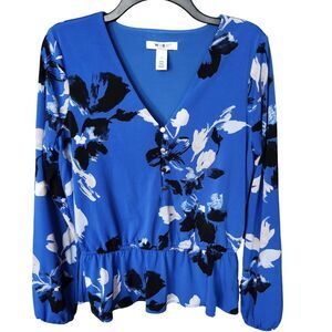WHBM Blue Floral Peplum Blouse V-Neck Long Sleeve Button Front